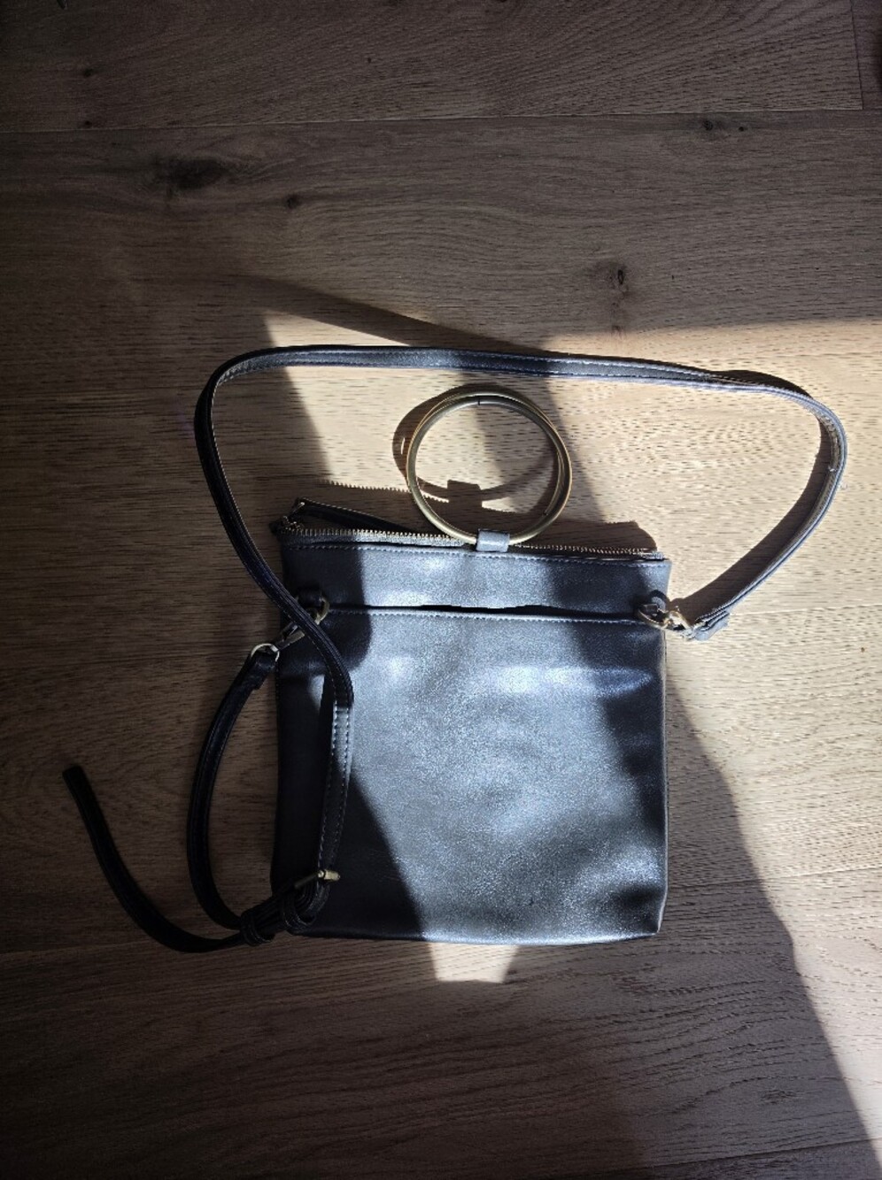 Grey Crossbody Bag with Gold Ring Accent